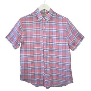 Faherty Plaid Short Sleeve Cotton Linen Blend Shirt Size Medium